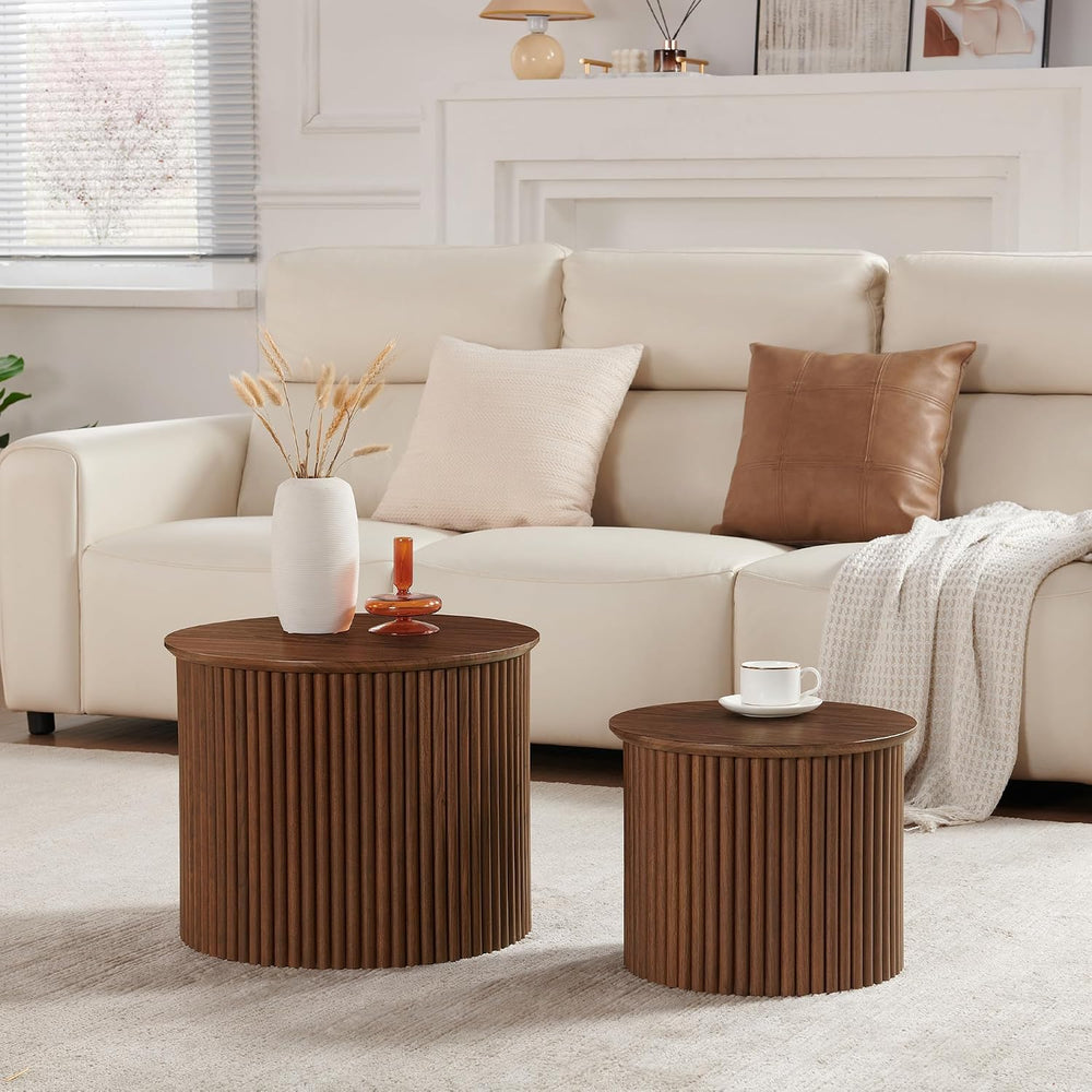 Small Fluted Round Nesting Coffee Table Set of 2, Mid Century Modern Coffee T...