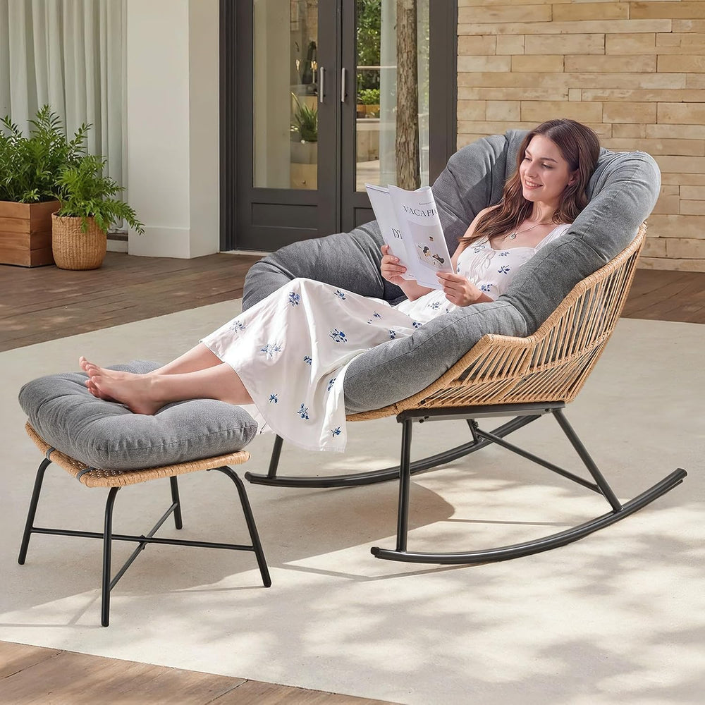 ONBRILL Papasan Rocking Chair with Ottoman,Oversized Papasan Chair with Padde...