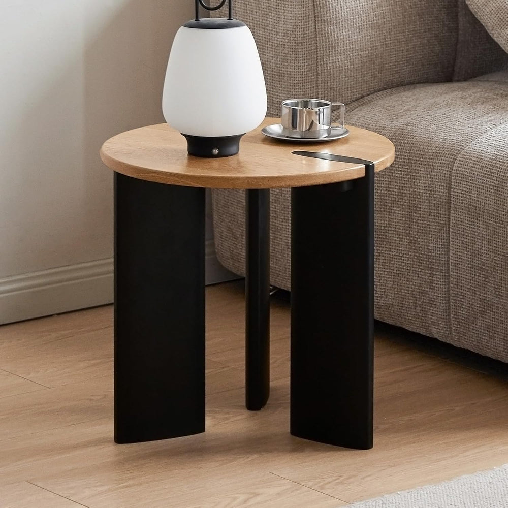 Solid Wood Side Table with 2-Tone Finish, 18.11" Round Side Table for Li...