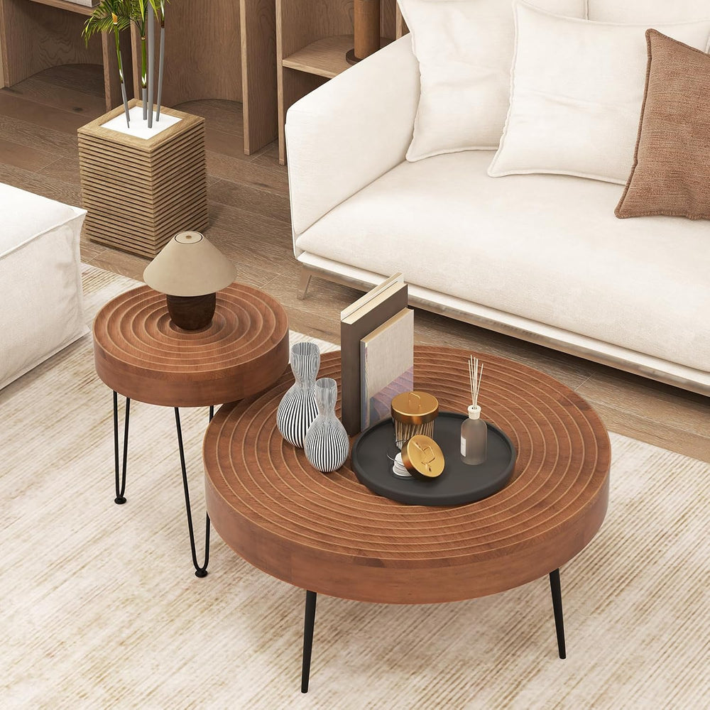 Giantex Boho Round Coffee Table Set of 2, Sofa Side Nesting Table with Solid ...