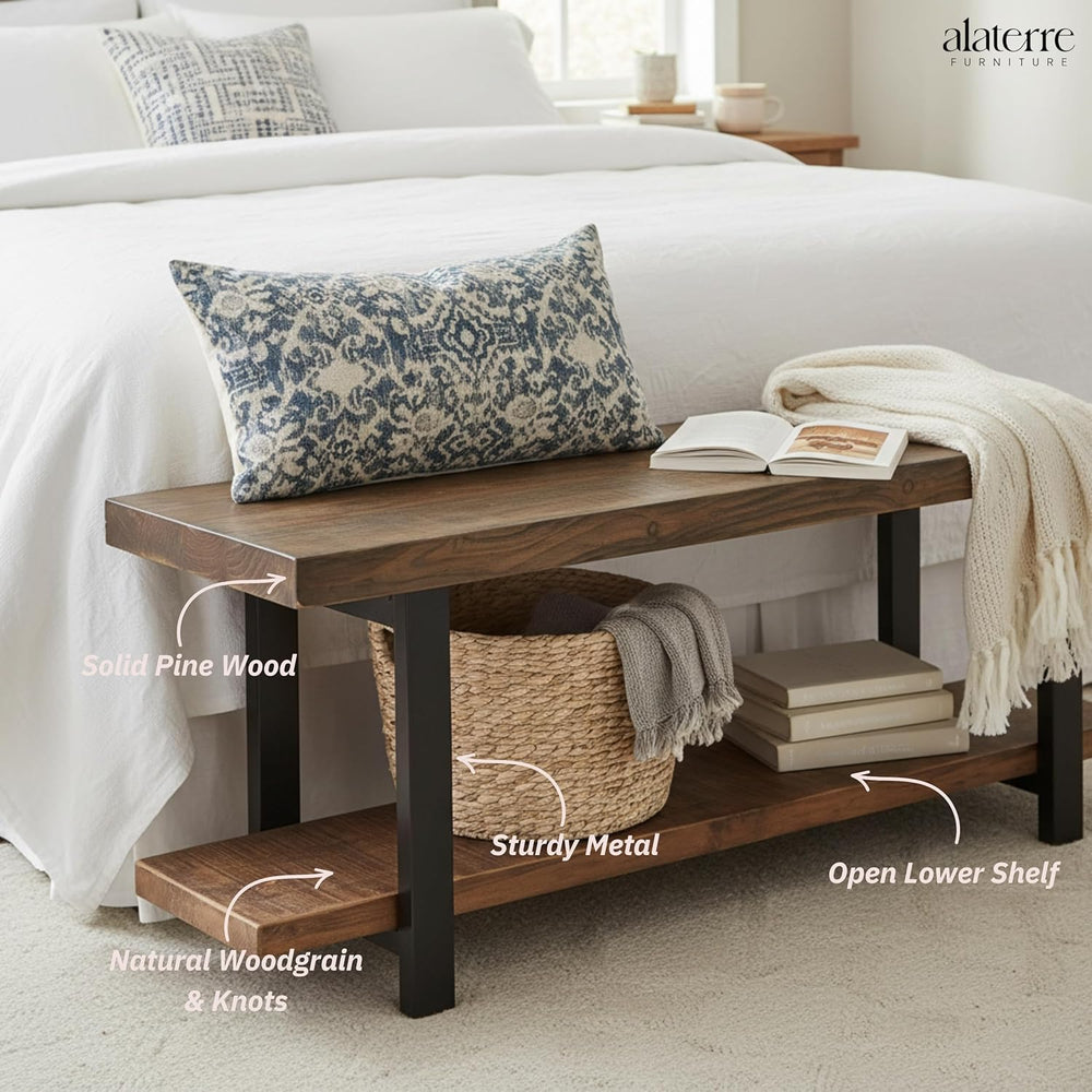 Pomona Solid Wood Entryway Bench with Shoe Rack, Rustic Brown, 48 Inch | Mode...