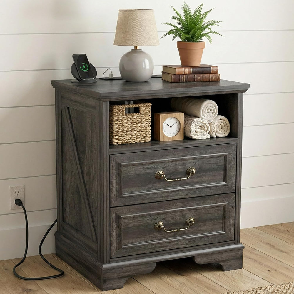 Farmhouse End Table with Charging Station, Rustic Wood Nightstand with 2 Larg...
