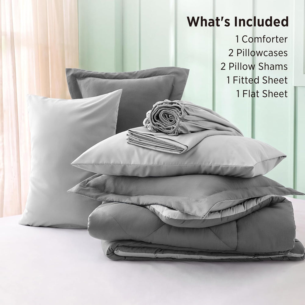 Bedsure Bed in a Bag King Reversible Bed Set 7 Pieces Grey/Light Grey