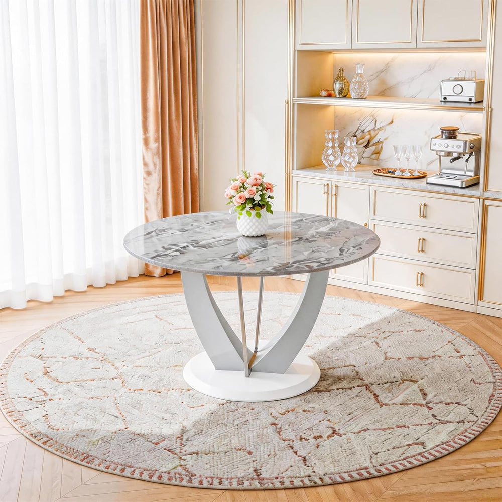 47" Grey Glass Round Dining Table Set for 4, Faux Marble Kitchen Table w...