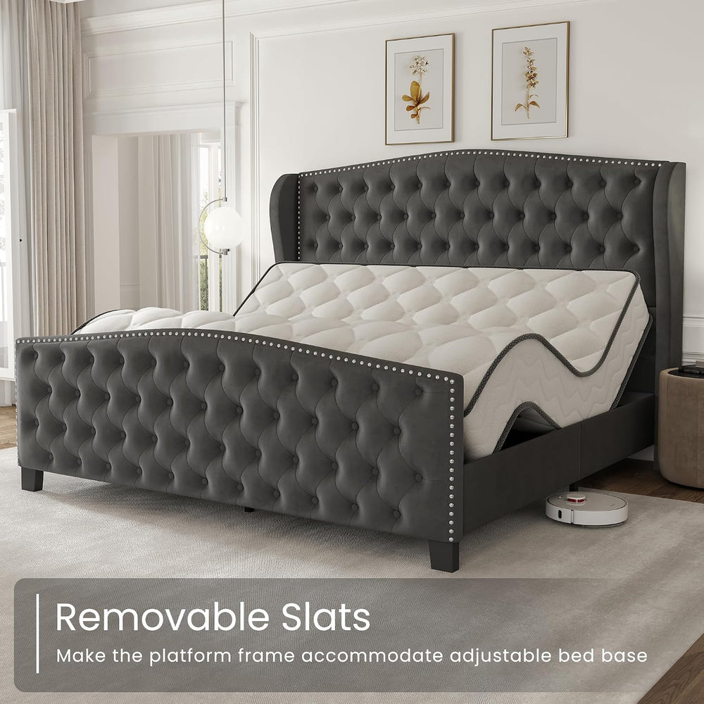 LARMACE King Size Bed Frame Velvet Upholstered Platform Bed with Wingback Hea...