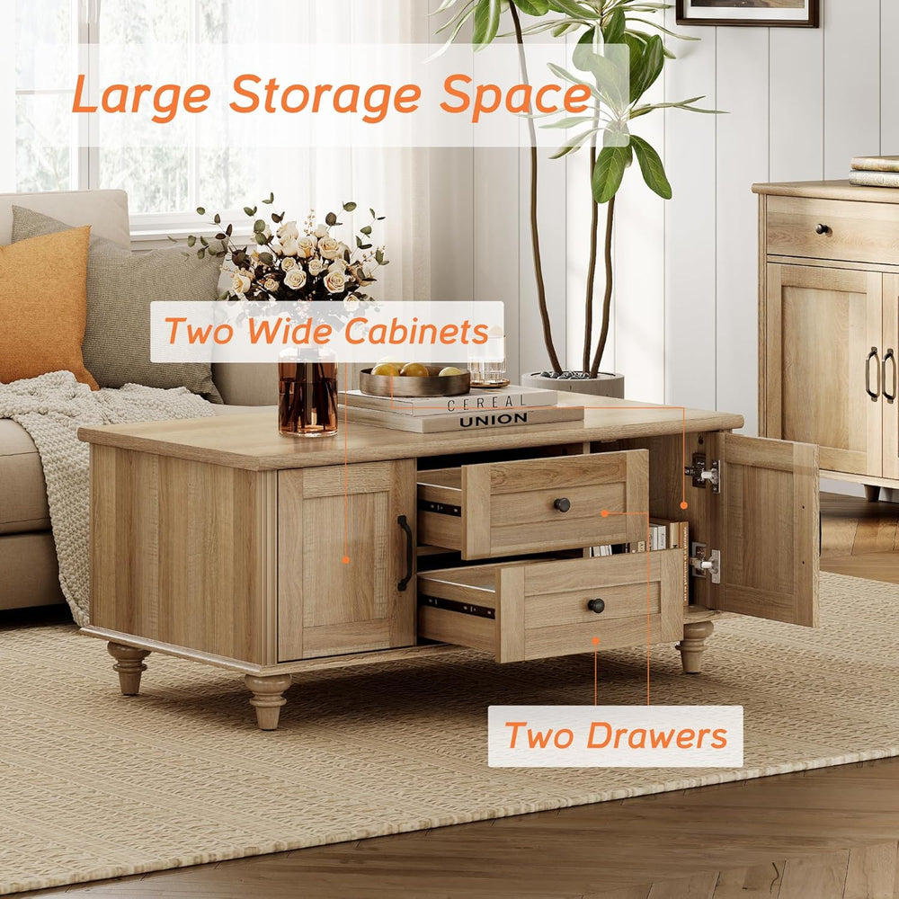 WAMPAT Oak Coffee Table with Drawer & Storage Cabinet, Farmhouse Rustic C...