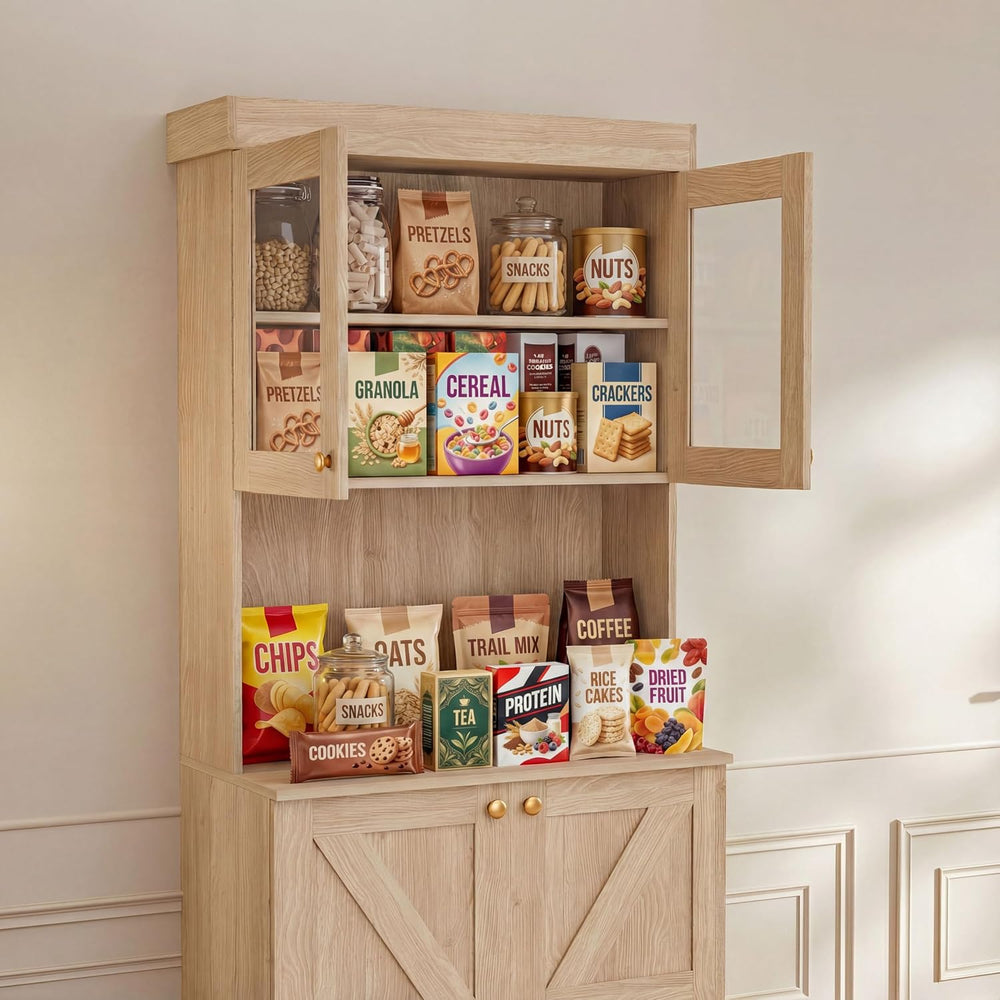 71" Farmhouse Kitchen Pantry Cabinet, Brown Freestanding Coffee Bar Hutc...