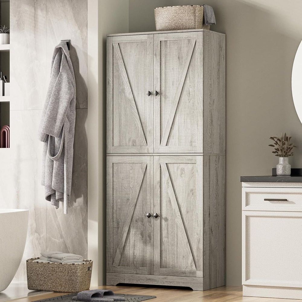 LYNSOM Farmhouse Storage Cabinet with 4 Barn Doors and Adjustable Shelves, Gr...