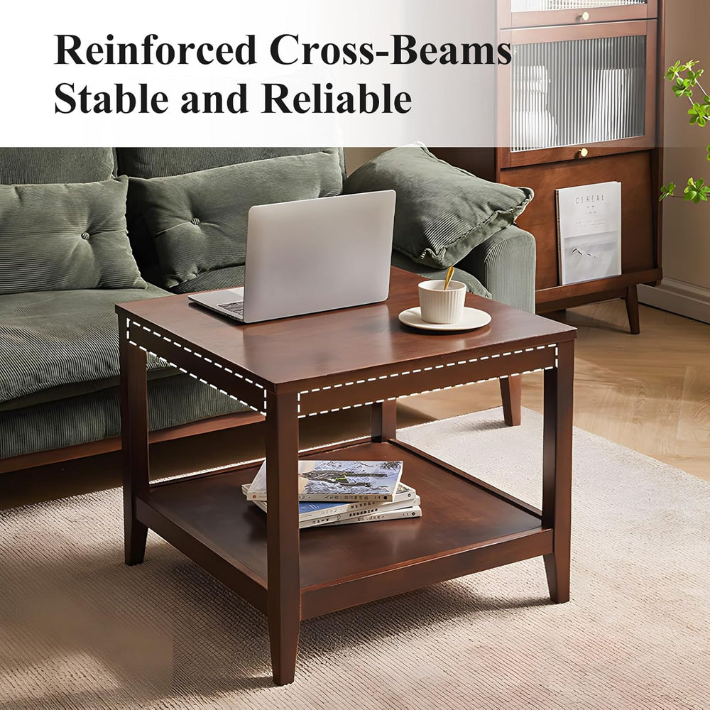 Side Table, Solid Wood Square End Table with Storage Shelf, 2-Tier Coffee Tab...