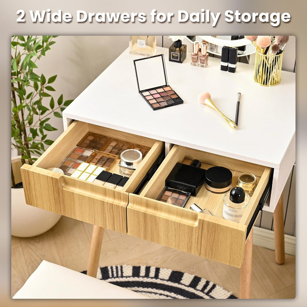 Small Vanity Desk with Mirror and Lights, Wooden Handles with Cushioned Stool...