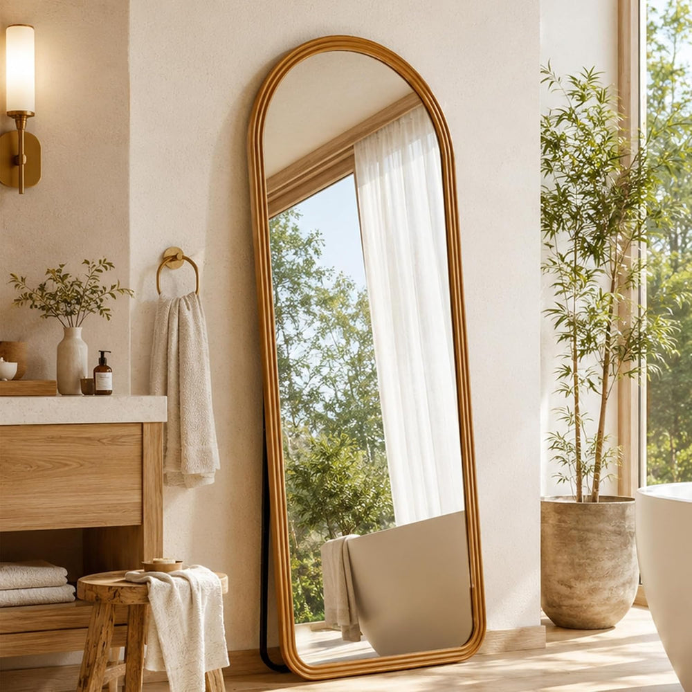 24x65 Inch Wood Arched Full Length Floor Mirror, Natural Wood