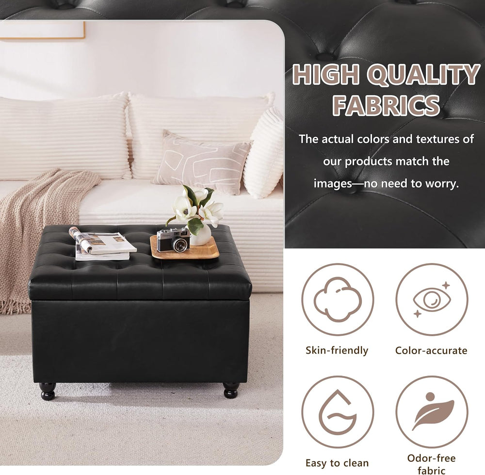 28" Large Square Ottoman with Storage, Leather Ottoman Coffee Table, Bla...
