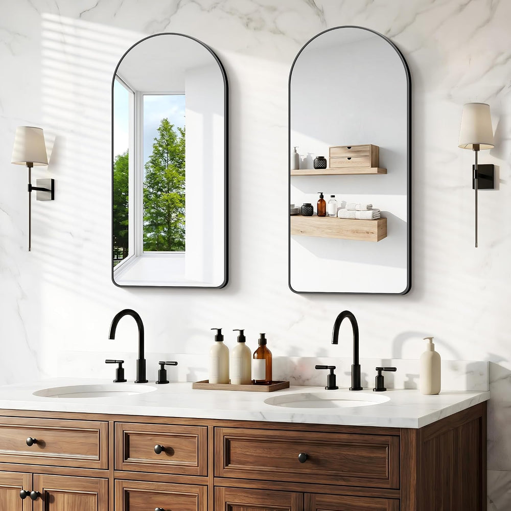 BONEWEI Arched Wall Mirror,18x36 inch Black Arched Mirror Bathroom,Vanity Mir...