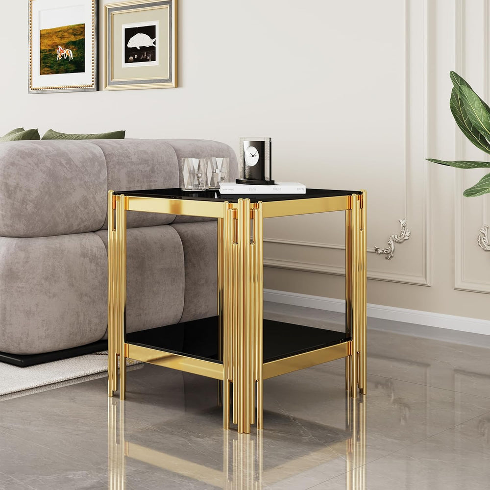 Luxury Gold Glass End Table,Sqaure Sofa Side Table with Shiny Geometric Stain...