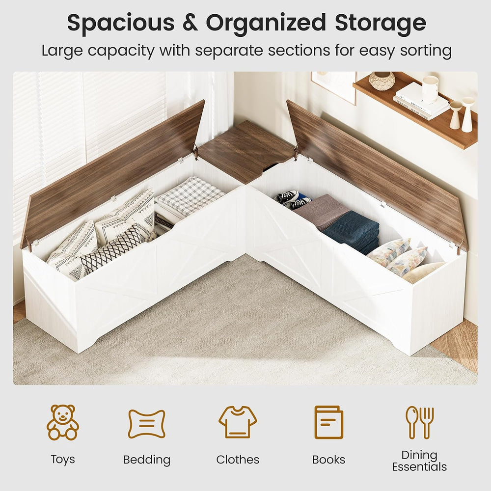 L Shaped Storage Bench, 63" Corner Bench with Storage, Breakfast Nook Be...