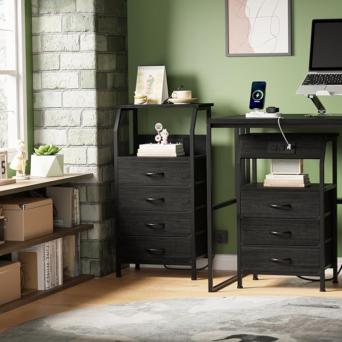 Furnulem Night Stand with Charging Station, 28.3 Inch Tall Side Table with Fa...