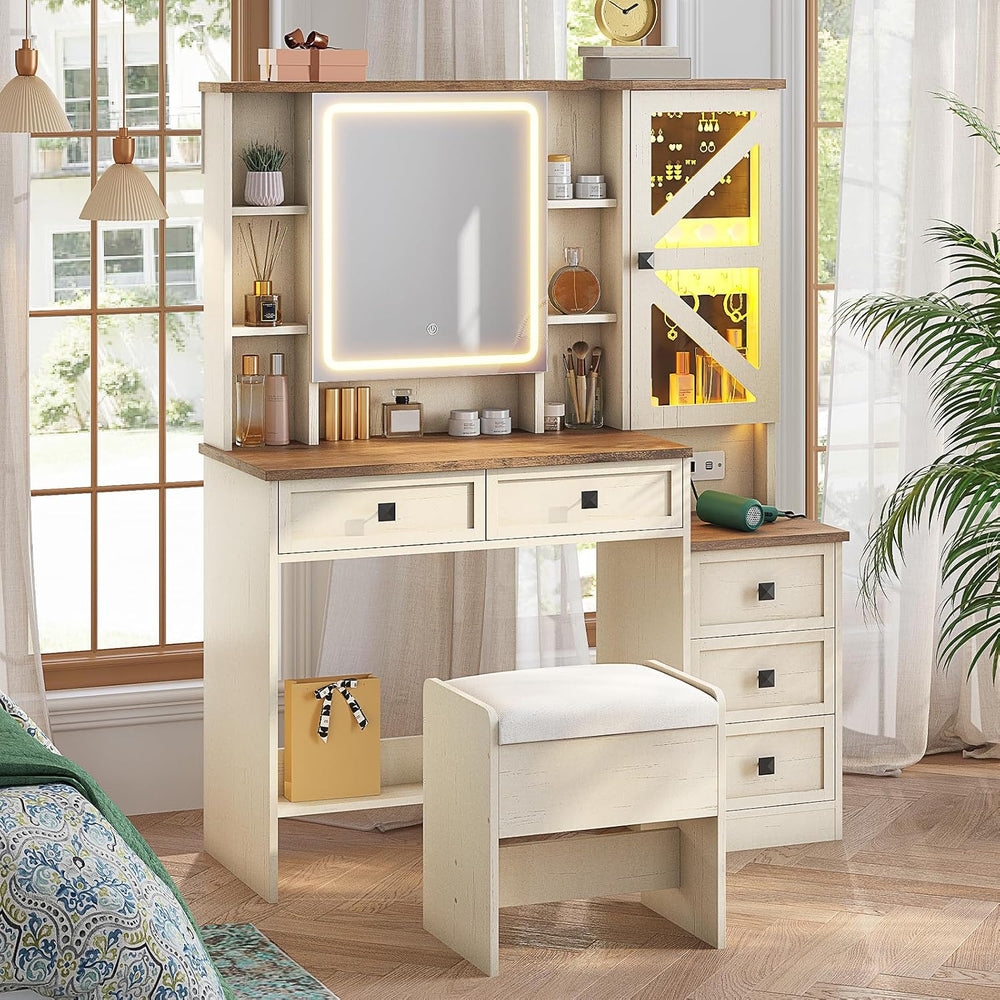 AOGLLATI Farmhouse Vanity Desk with Mirror and Lights, Makeup Vanity Set with...