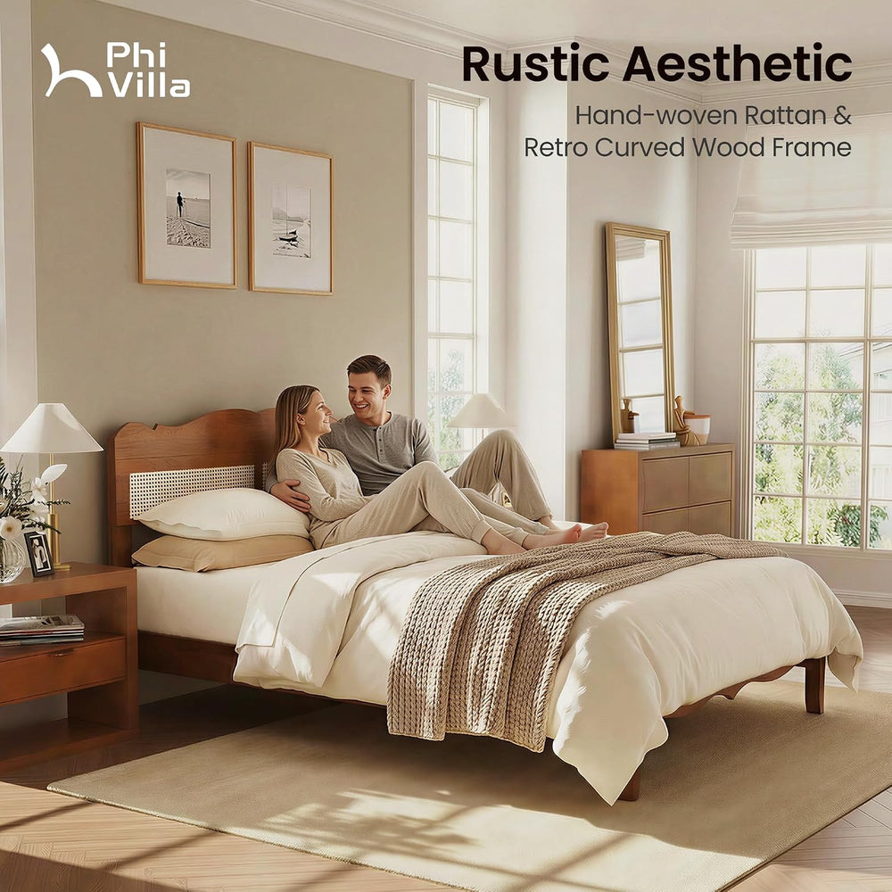 PHI VILLA Solid Wood Queen Bed Frame with Adjustable Headboard