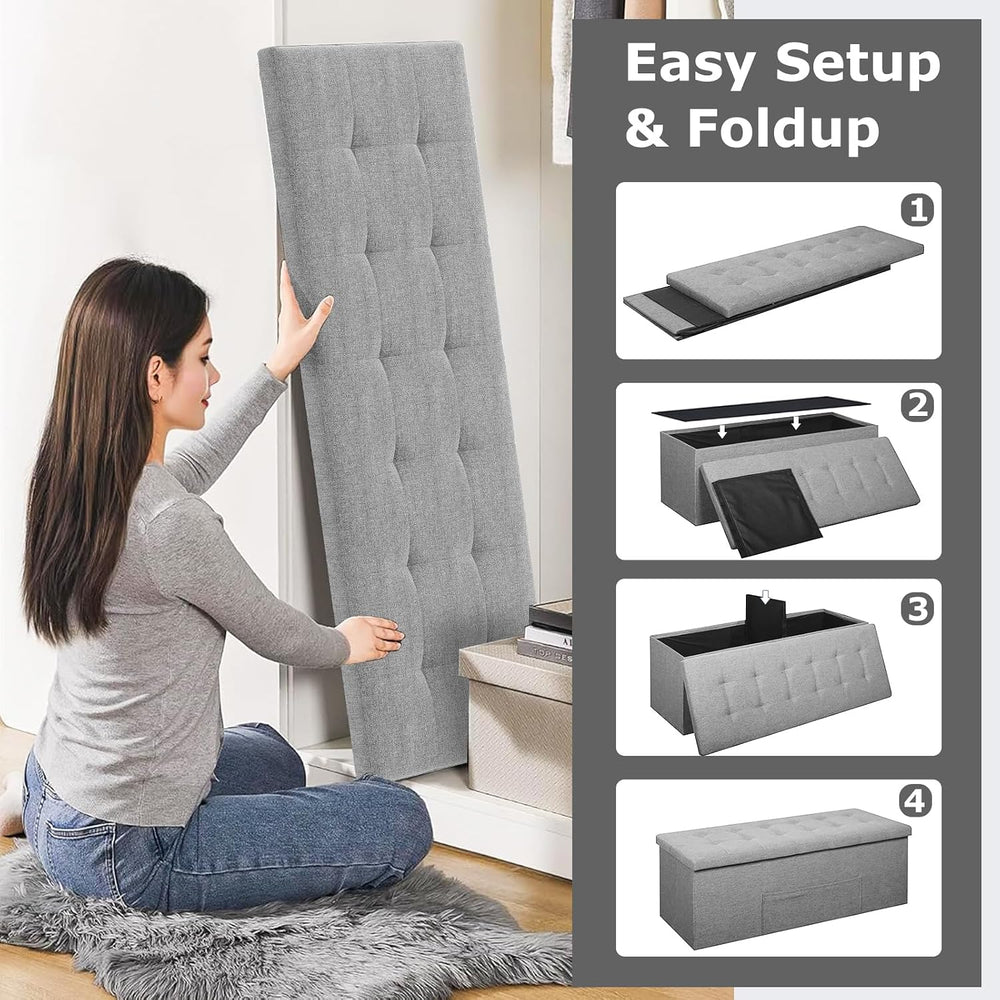 GOFLAME 43 Inches Folding Storage Ottoman Bench, Linen Fabric End of Bed Benc...