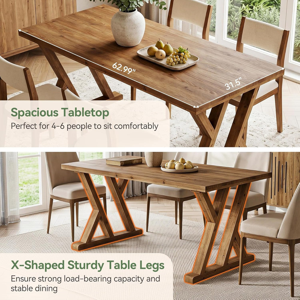 63" Farmhouse Solid Wood Dining Table for 4-6, Wooden Rectangular Rustic...