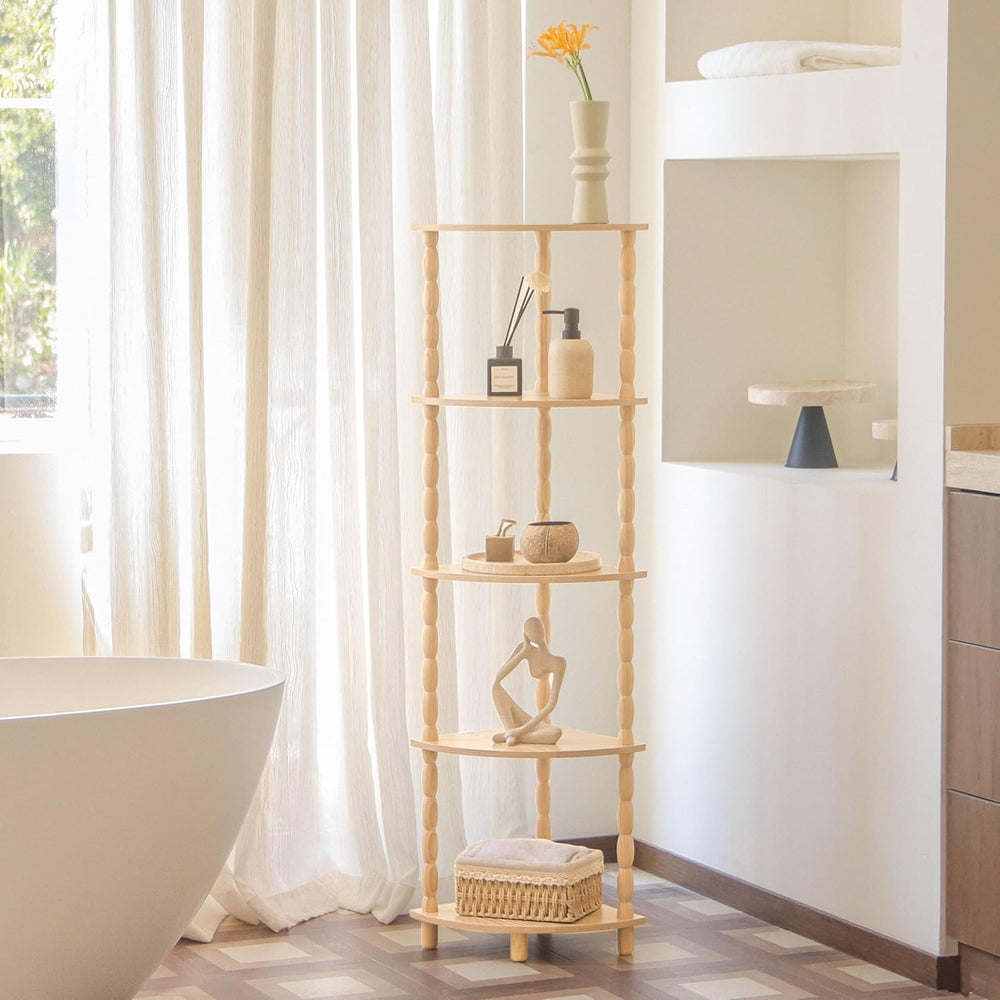 Corner Shelf, 5-Tier Corner Bookshelf for Small Spaces, Stylish Corner Storag...