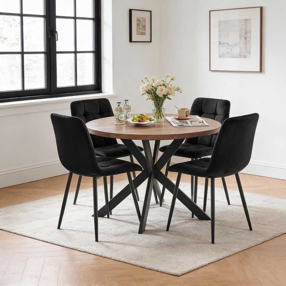 5-Piece Round Dining Table Set - Kitchen Table Chairs Set of 4 with Black Vel...