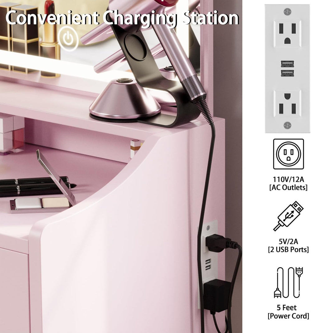 LIKIMIO Small Vanity Desk with Storage Stool and Mirror Lights | Pink compact...