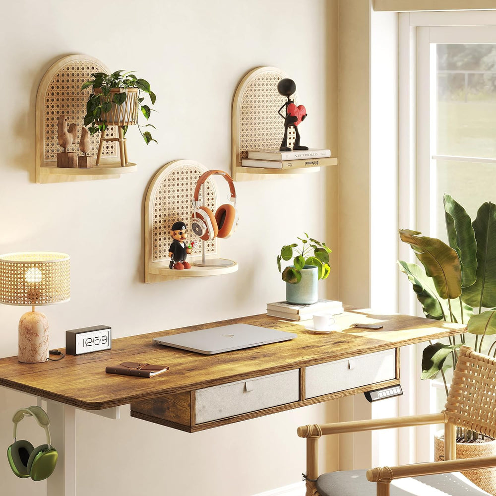 Rattan Wall Shelf Set of 3, 7''Natural Rattan Shelves with Wicker Dec...