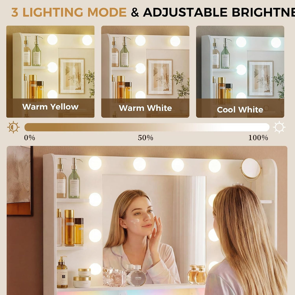 LUCKRACER Vanity Desk with LED Lights Mirror & Charging Station, Makeup V...