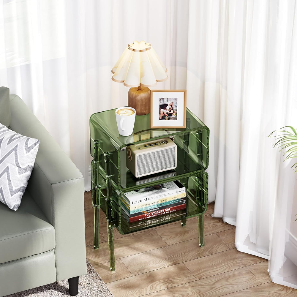 Acrylic Side Table, 2-Tier End Table with Open Storage for Small Spaces, Clea...