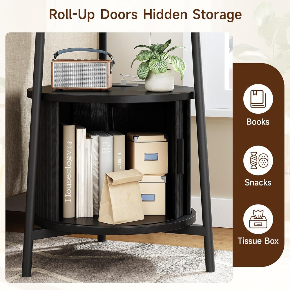 ONBRILL Round Side Table with Storage, Fluted Nightstand with Charging Statio...