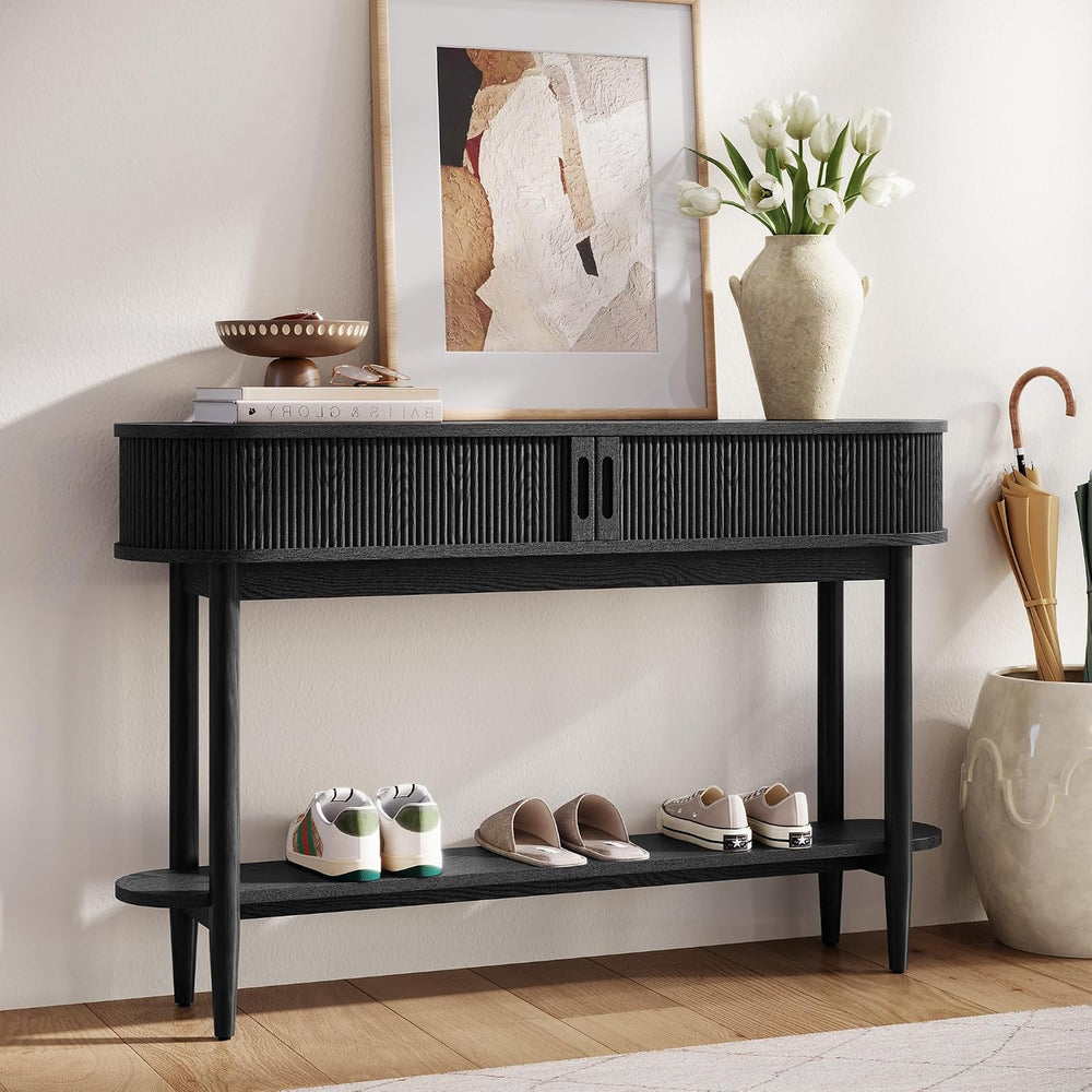 LINSY Fluted Console Table with Storage and Shelves, Black | Entryway Table, ...