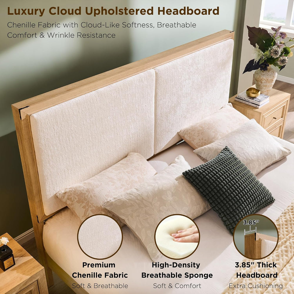 ACCOHOHO King Bed Frame w/Upholstered Headboard,Storage Bench,Natural Oak