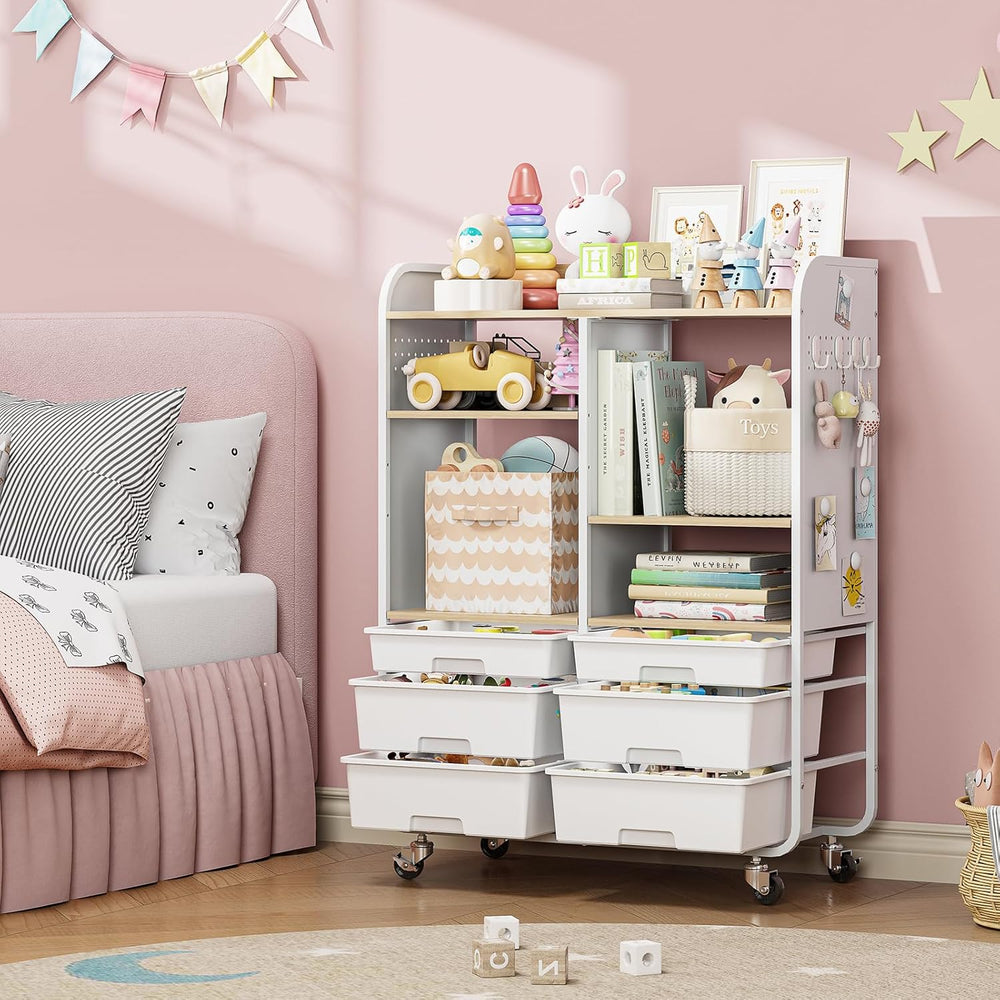 6-Drawer Rolling Storage Cabinet with Wooden Top & Pegboards,Utility Craf...