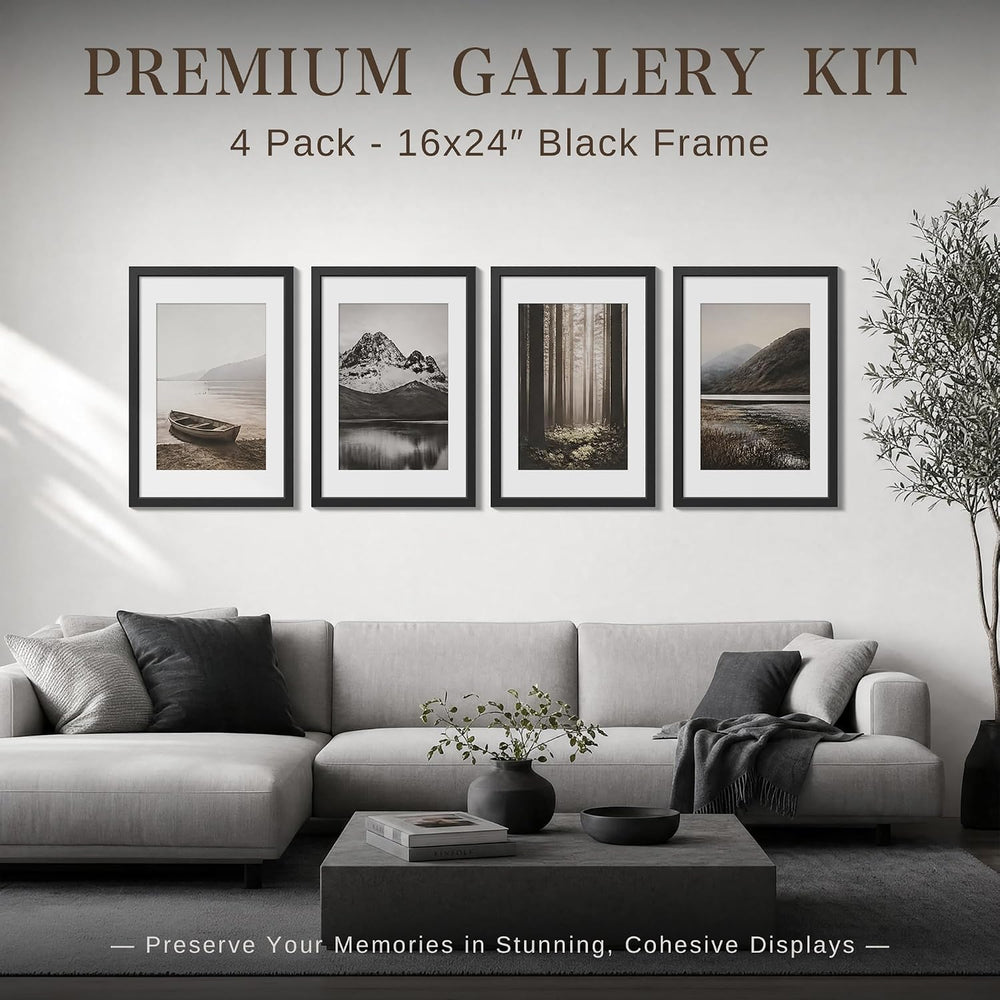 VCK 16x24 Picture Frame 4 Pack, Black Solid Wood, 12x18 Mat, for Poster