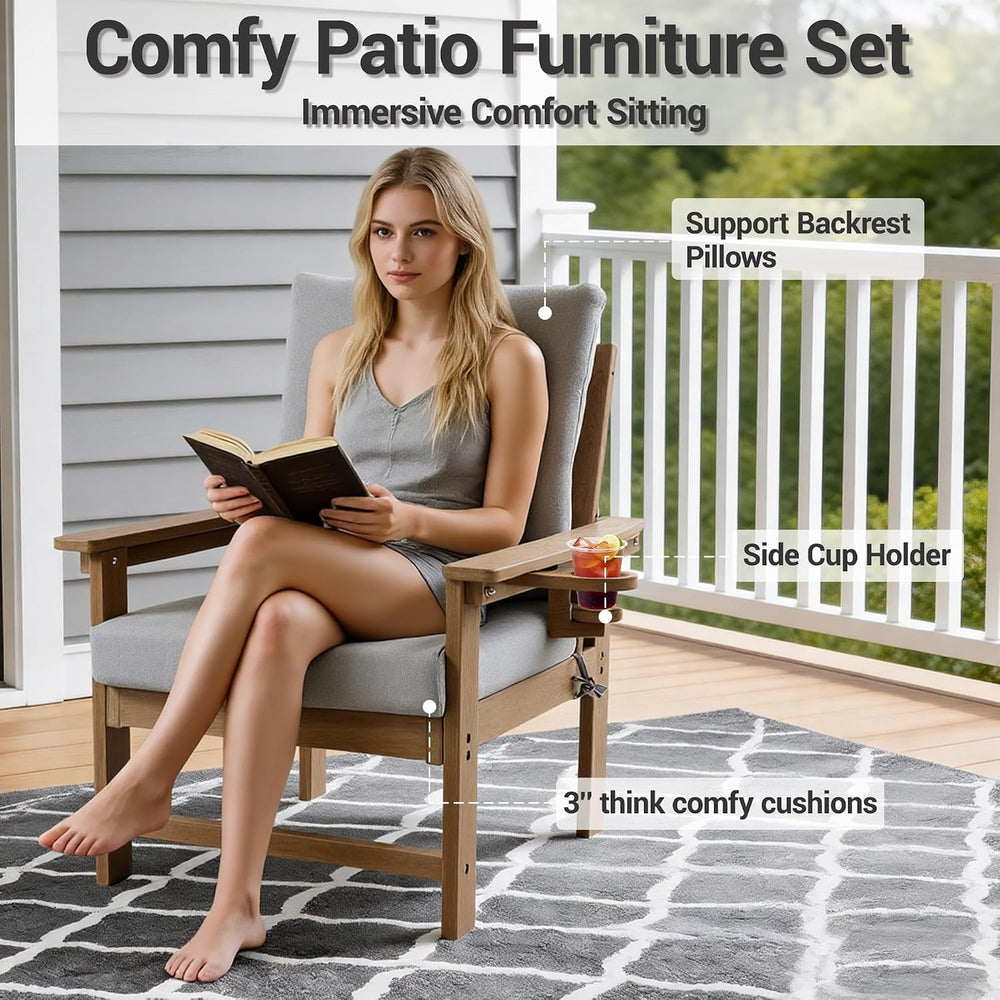 7-Piece HDPE Patio Conversation Set w/ 4 Cup Holders, All-Weather Outdoor Sec...
