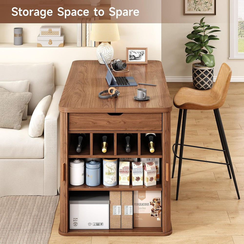 ONBRILL 61 Inch Fluted Kitchen Island with Storage Walnut | Counter Height Ta...