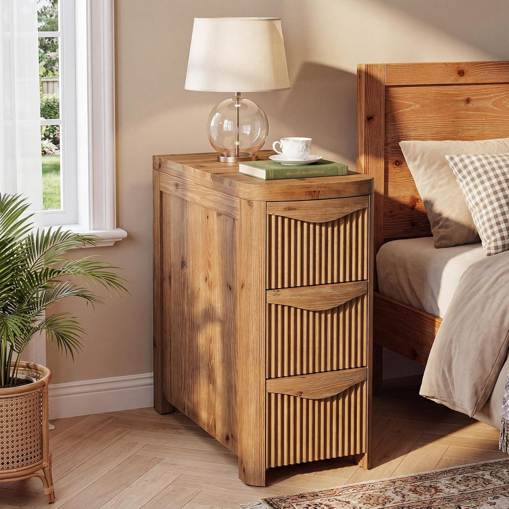 Solid Wood End Table with 3 Drawers, 24" Farmhouse Fluted Narrow Side Ta...