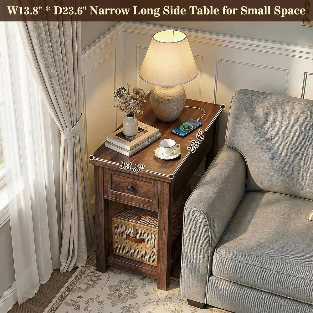 Farmhouse Narrow End Table Set of 2 with Charging Station, 13.8" Wide