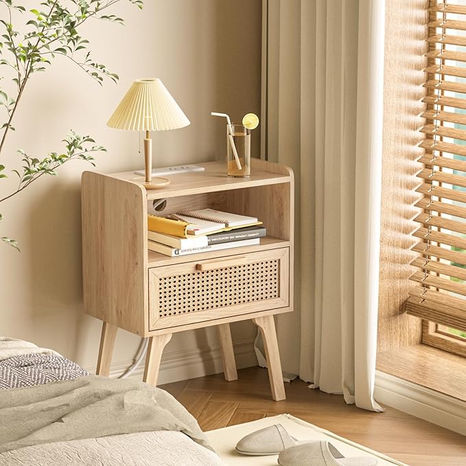 Lerliuo Rattan Nightstand with Charging Station, Boho Night Stand with Handma...