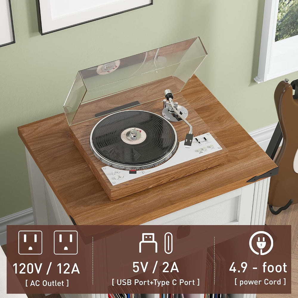 Farmhouse Record Player Stand with Vinyl Record Storage, End Table with Charg...
