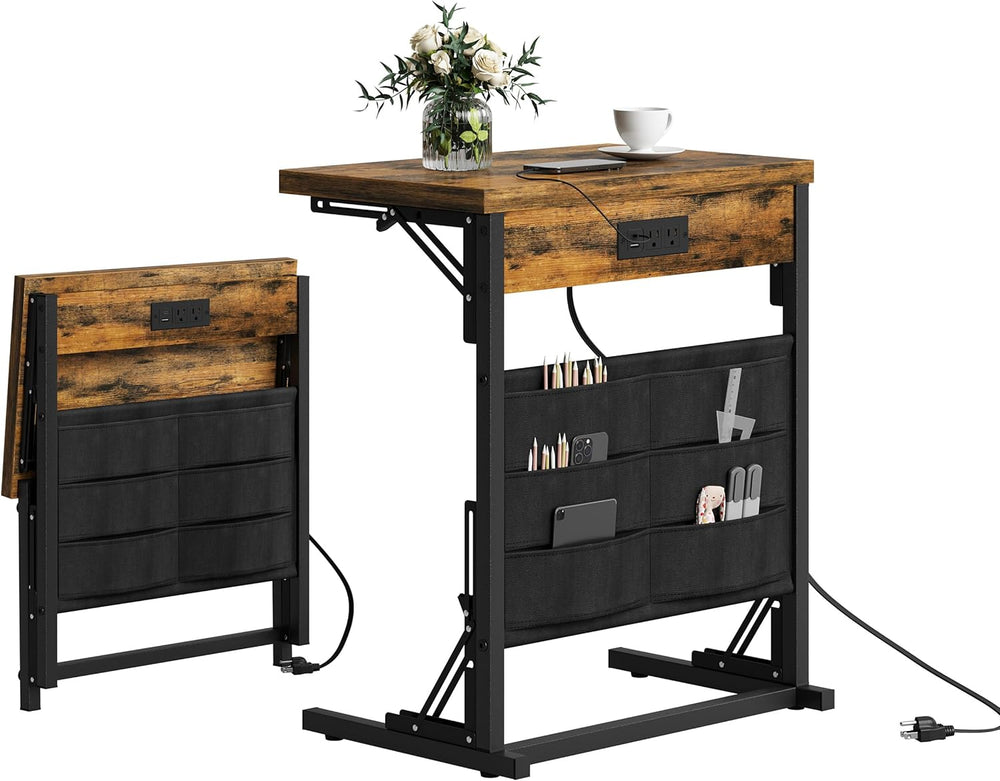 Foldable C-Shaped Table with Charging Station, Folding TV Tray End Table for ...
