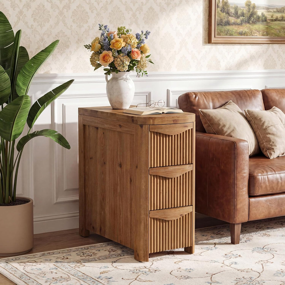 Solid Wood End Table with 3 Drawers, 24" Farmhouse Fluted Narrow Side Ta...