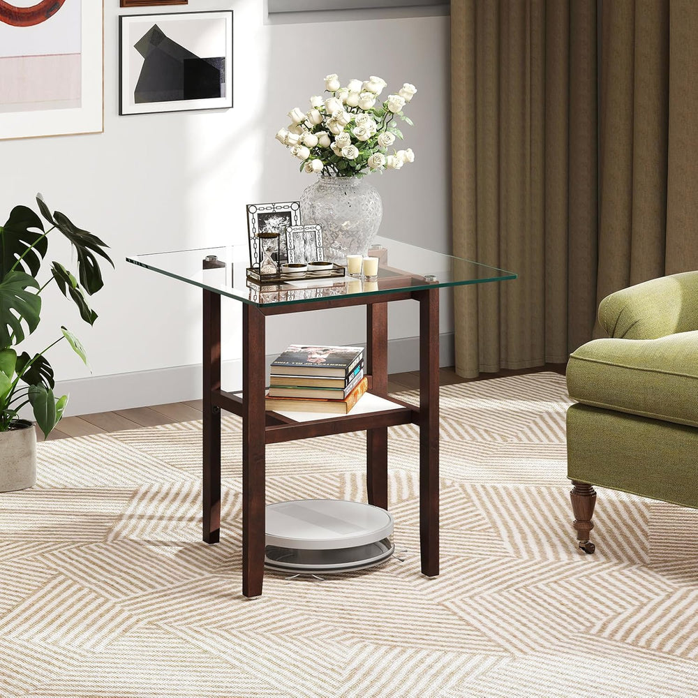 Tangkula 24" Square Glass Side Table, 2-Tier End Table with Storage Shel...