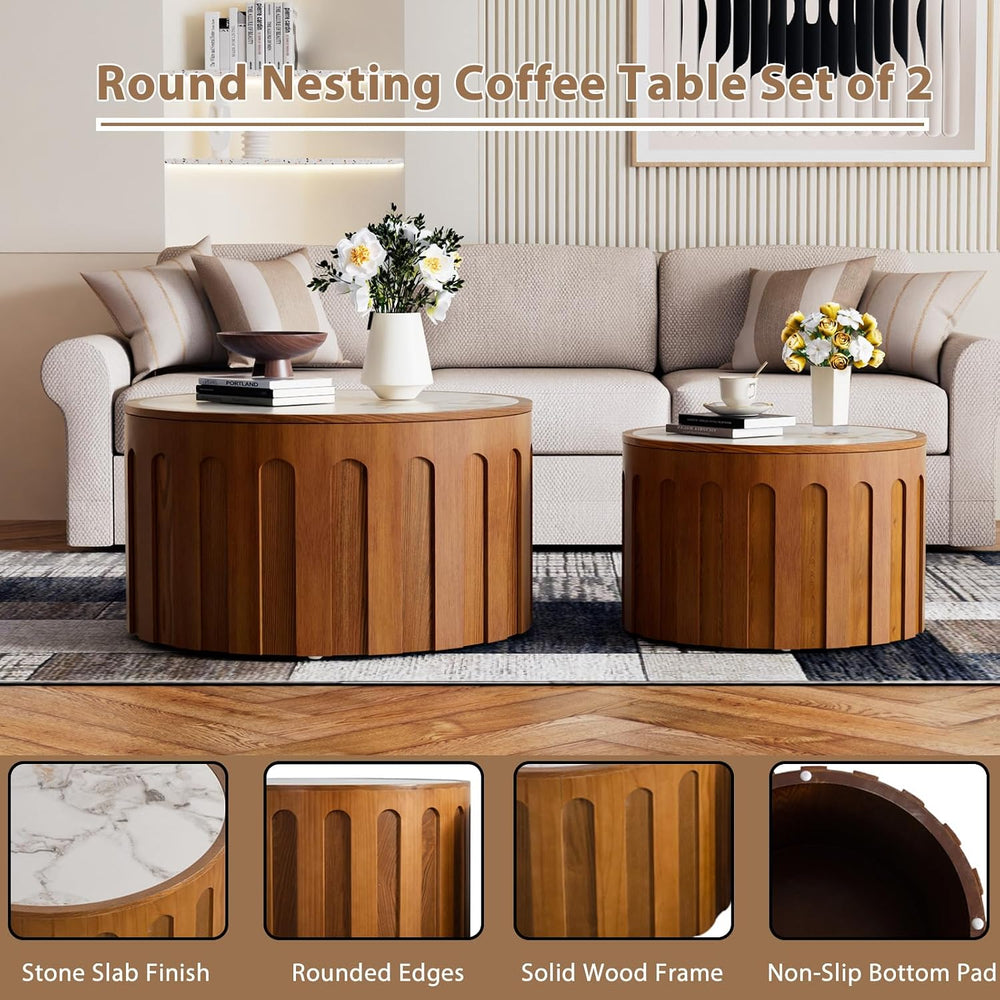Modern Fluted Nesting Coffee Table Set of 2 | 26.4 in & 19.7 in Round Dru...