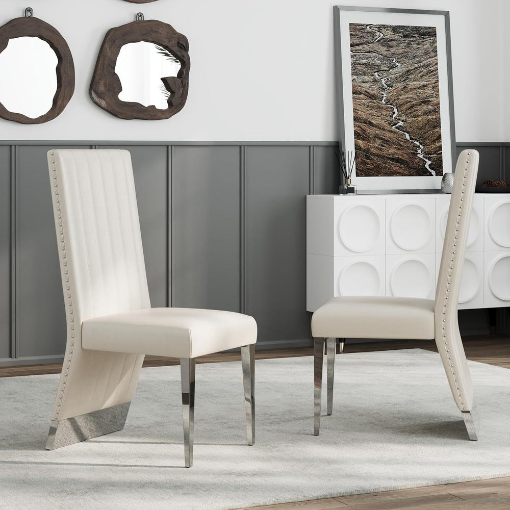 AUZ White Leather Dining Chairs Set of 6, White and Silver Upholstered Dining...