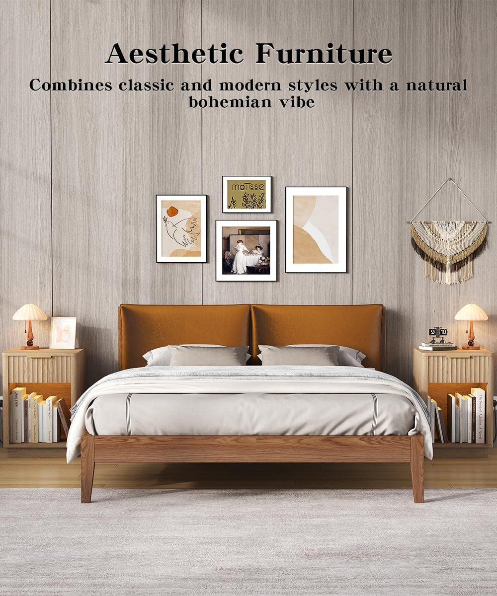 Akxomel Fluted Nightstand Set 2 Bedside Table with Charging Station Oak | Woo...