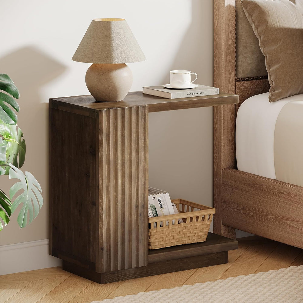 Solid Wood Side Table, C Shaped Narrow Sofa End Table with Fluted Panels and ...