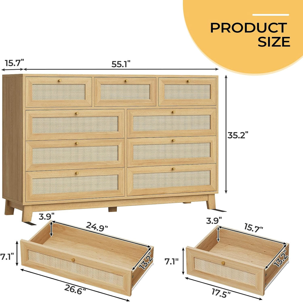 AOGLLATI Rattan Dresser for Bedroom with 9 Drawer, Modern Wooden Long Bedroom...