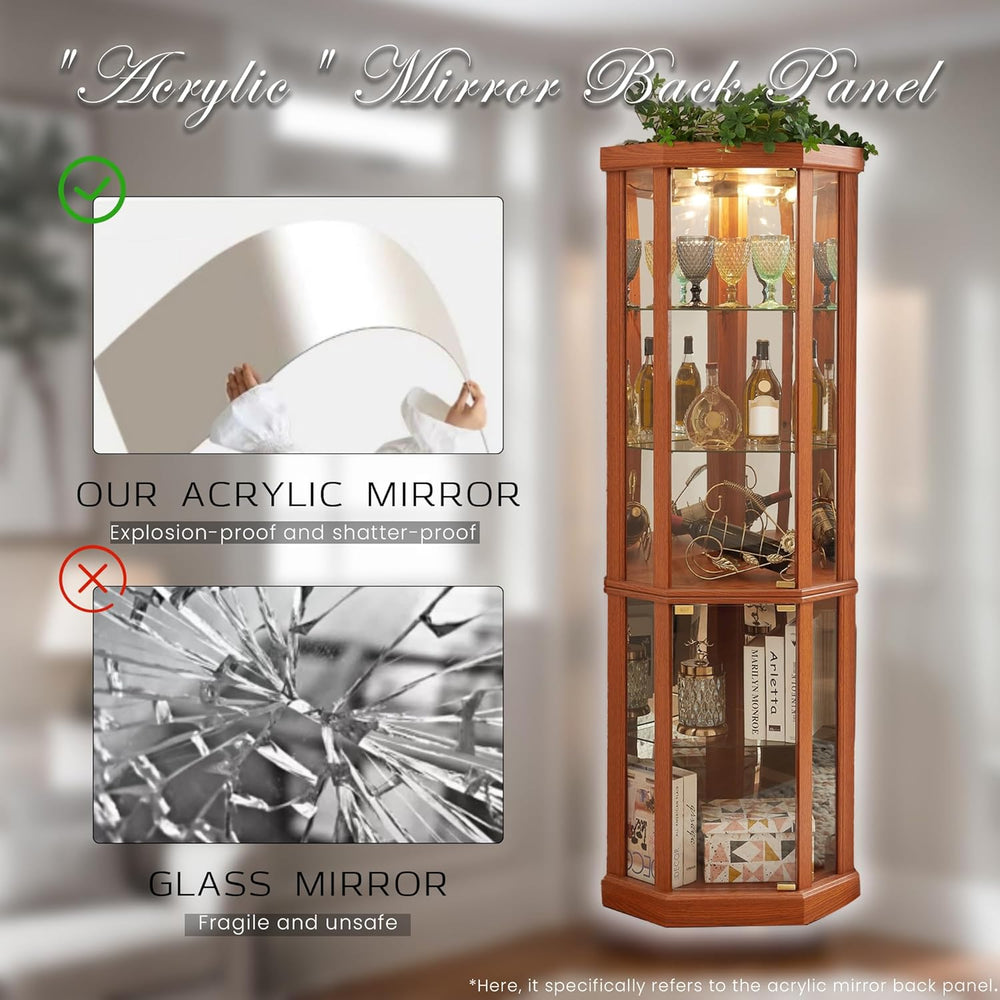 70" H Lighted Corner Curio Cabinet, Glass Display Cage with Tempered Gla...